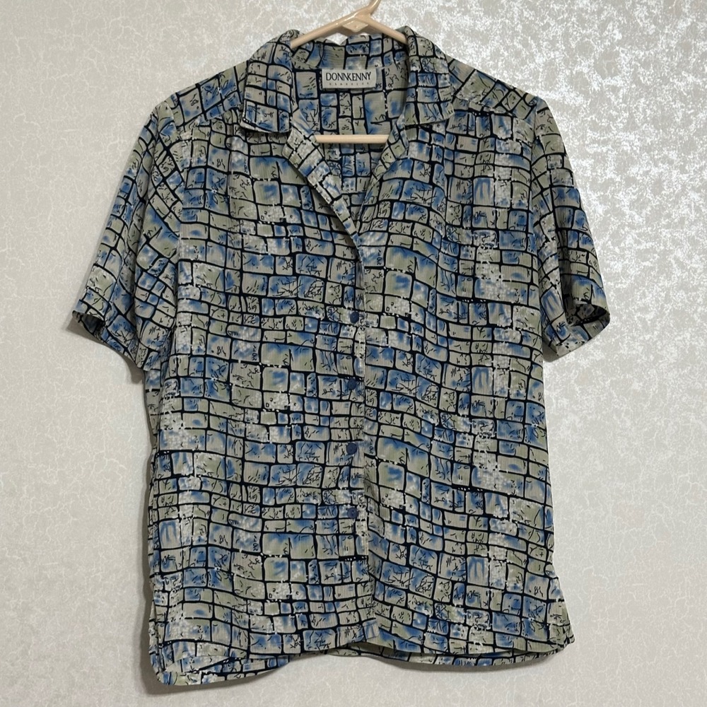 Donnkenny Classics Abstract Geometric Grid Crinkle Blouse Blue Green Vintage S